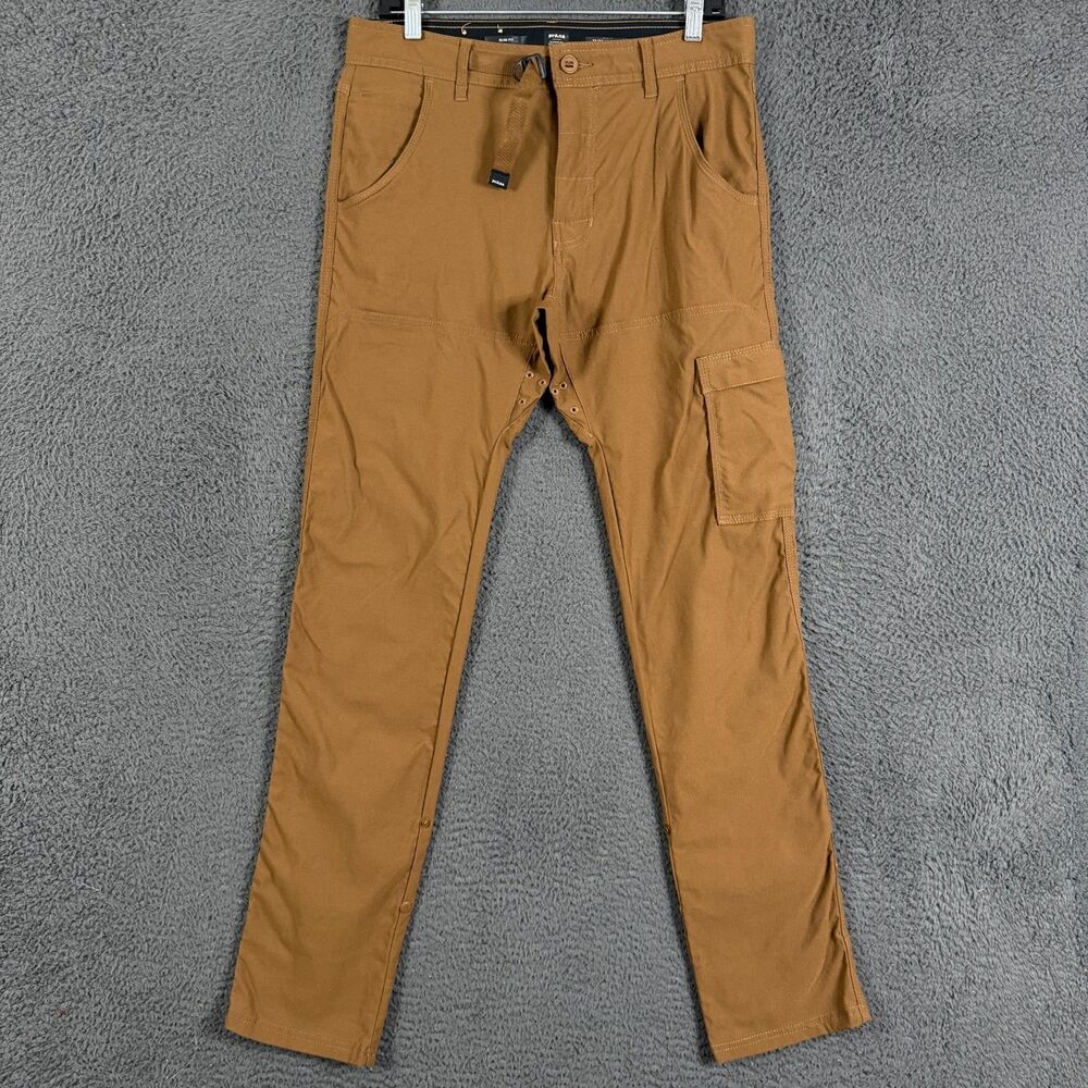 Prana Stretch Zion Pants Mens 32x34 Brown Slim Fit Belted Cargo Pocket Hiking